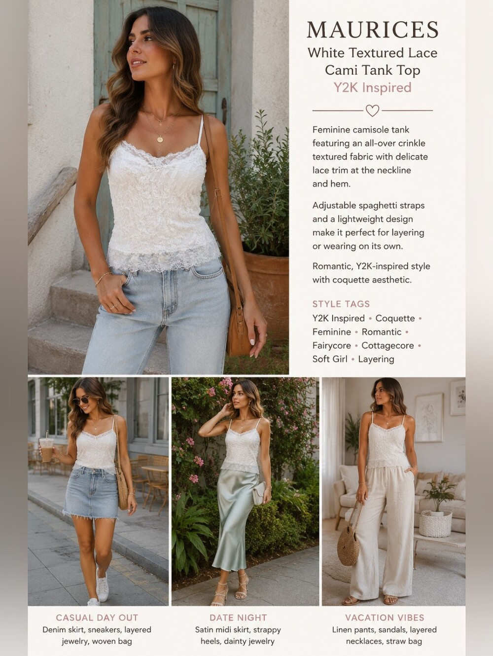 Maurices White Textured Lace Trim Cami Tank Top Coquette Y2K Inspired | NWOT | S